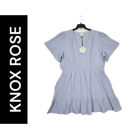 Knox Rose Women Plus Size 2X Boho Casual Dress Trapeze Swing Blue Short Sleeve - Picture 1 of 10